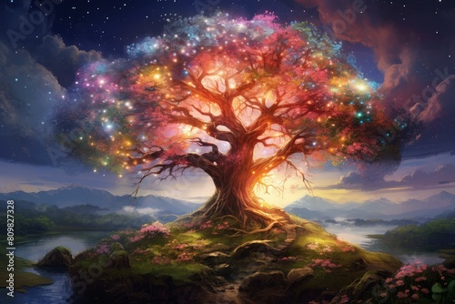 Mystical Spring magic tree. Nature park summer. Generate Ai