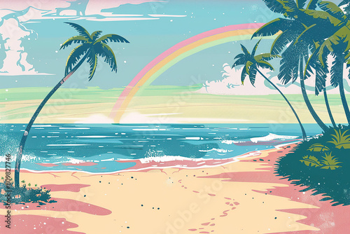Beach Sea   Rainbow Cartoonish Island  Summer Vacation Mood Illustration