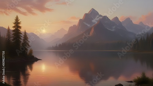 a tranquil mountain lake at sunrise © Hastuti