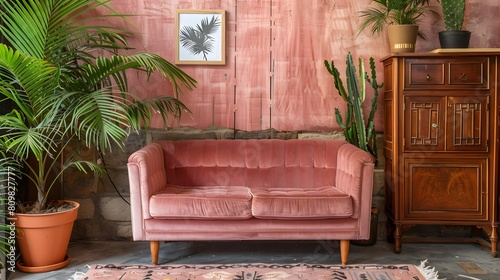 Pink velvet loveseat sofa, wooden cabinet and potted houseplant 