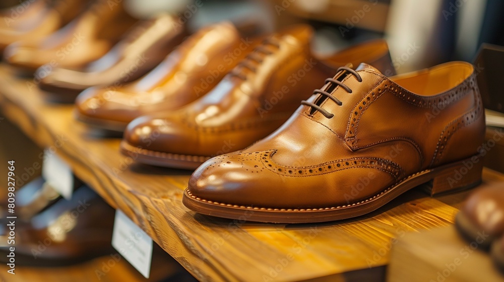 rich brown leather shoes sit on shelf, quality sophistication, wood displaying quality luxury rich brown leather shoes sit on shelf, quality sophistication, wood displaying quality luxury
