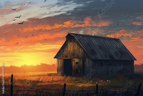 rustic charm weathered wooden barn nestled in peaceful countryside landscape at sunset concept illustration photo