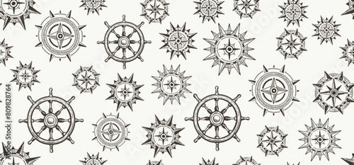 Compass Wind rose, Ship wheel, pattern, hand drawn Illustration. © Tatiana