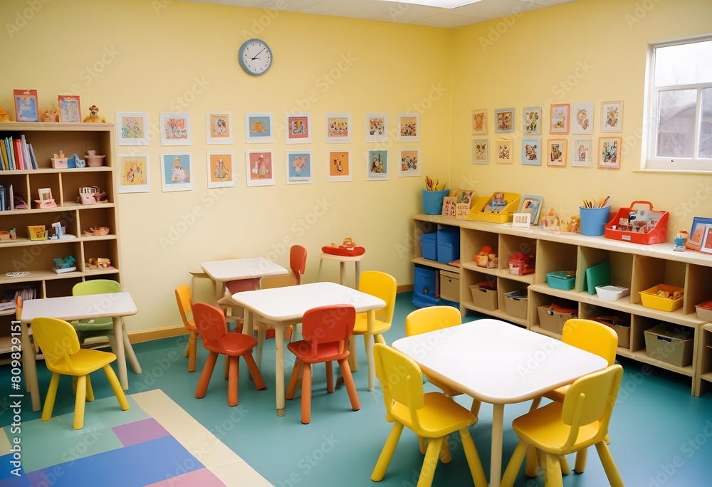 A school classroom with colorful chairs and tables for children A school classroom with colorful chairs and tables for children