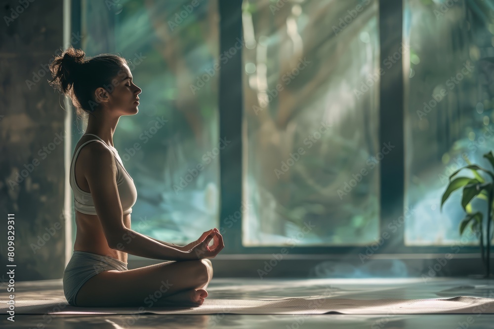 Fototapeta premium A yoga practitioner in a serene studio setting underscores wellness and holistic health, ideal for fitness and lifestyle campaigns