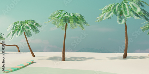 Summer tropical beach with coconut palms and surfboard on shore. Summer travel concept. 3d render photo