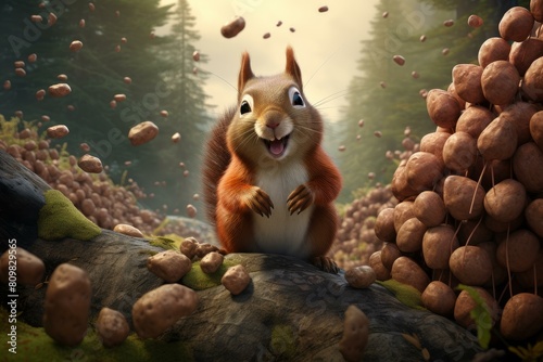 Persistent Squirrel eat nuts forest. Grass pine. Generate Ai