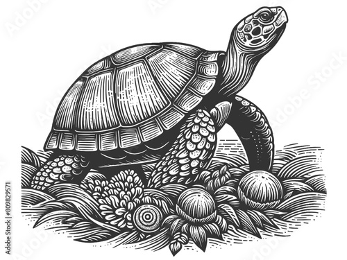 Sea turtle sketch engraving generative ai fictional character vector illustration. Scratch board imitation. Black and white image.