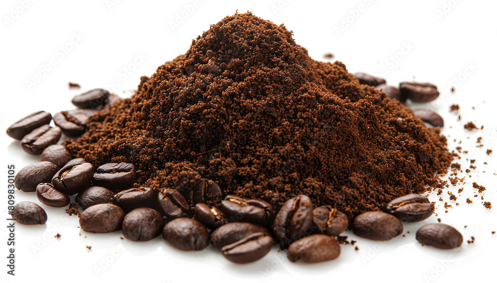 Heap of ground coffee and beans on white background Heap of ground coffee and beans on white background