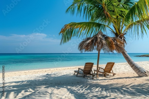 tranquil beach scene with empty chairs under palm leaf parasol inviting tropical getaway soft sand and turquoise sea