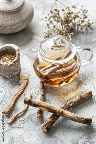 Licorice tea in glass teapot, aromatic licorice root dried sticks and powder on light table