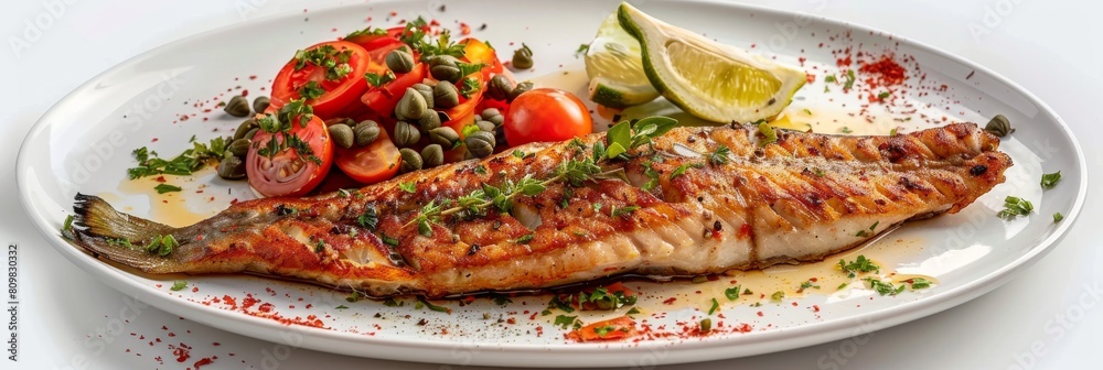 Pike perch, fried sander fish, zander fillet with tomatoes, capers. Barbecue pike meat on white Pike perch, fried sander fish, zander fillet with tomatoes, capers. Barbecue pike meat on white