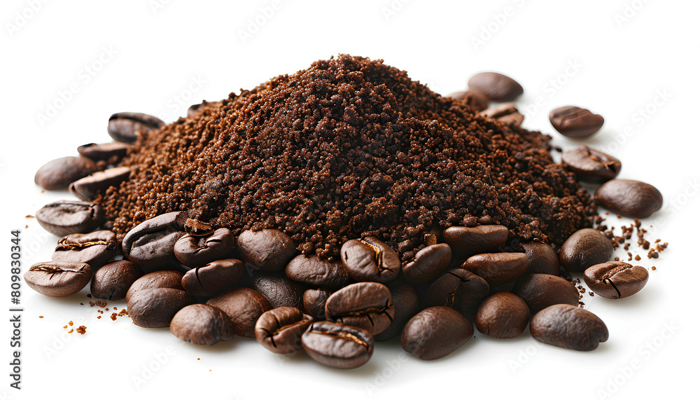 Heap of ground coffee and beans on white background