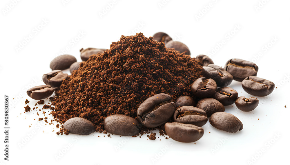 Heap of ground coffee and beans on white background Heap of ground coffee and beans on white background