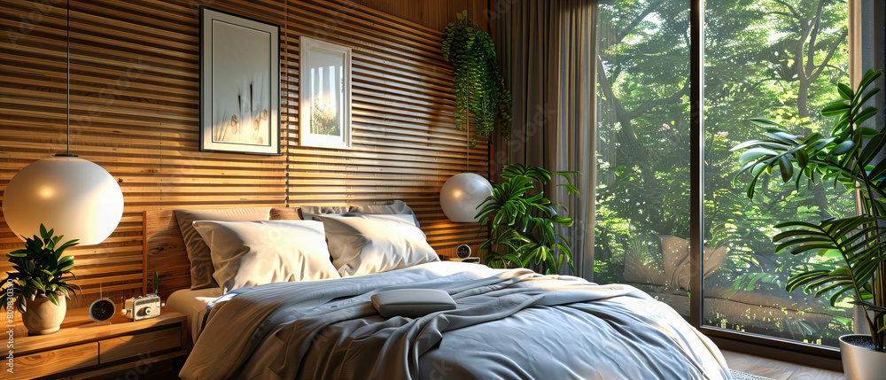 Modern Bedroom with Stylish White Bedding and Wooden Decor, Elegant Home Interior with Contemporary Design Modern Bedroom with Stylish White Bedding and Wooden Decor, Elegant Home Interior with Contemporary Design
