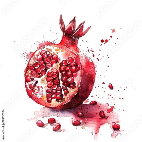 A dynamic watercolor painting of a pomegranate cut open with seeds © dashtik