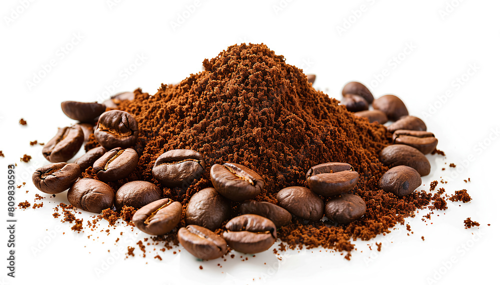 Heap of ground coffee and beans on white background