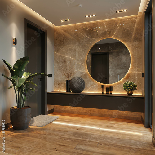 Contemporary hallway entrance with sideboard, plant, and mirror, showcasing elegant interior decor. AI generative technology elevates minimalist design. photo