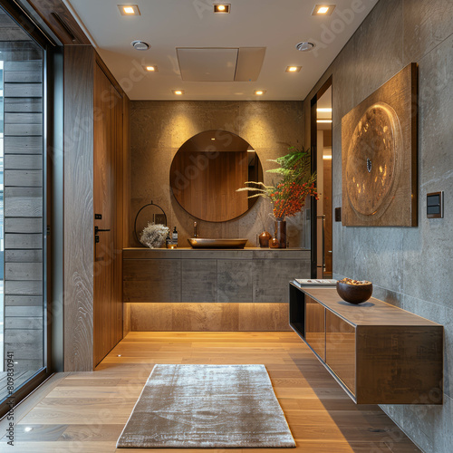 Stylish corridor entrance featuring a sideboard, plant, and mirror, exemplifying modern interior design. AI generative techniques optimize aesthetic appeal. photo