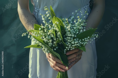 a bouquet of lilies of the valley cradled in gentle woman hands © dashtik