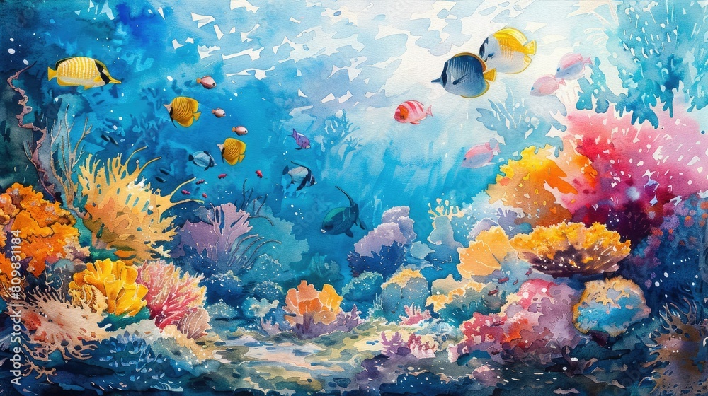 Naklejka premium Underwater world. Tropical fishes and corals.