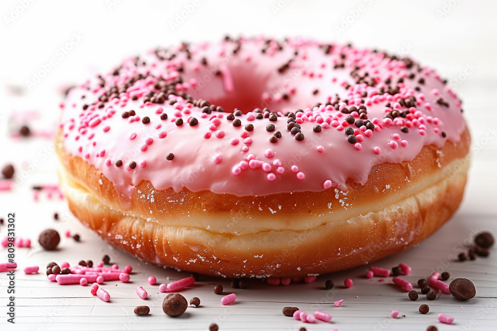 Delicious pink donut with glaze and sprinkles isolated on white Delicious pink donut with glaze and sprinkles isolated on white