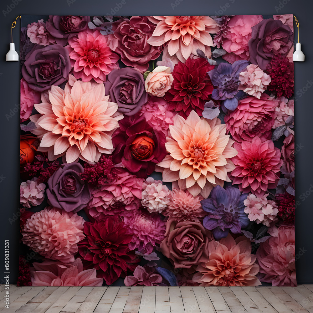 Photography Backdrop of a fabric backdrop with a dense floral pattern of tulips and dahlias for party decor. Photography Backdrops, Fabric Backdrops, Floral Multicolor Overlays.