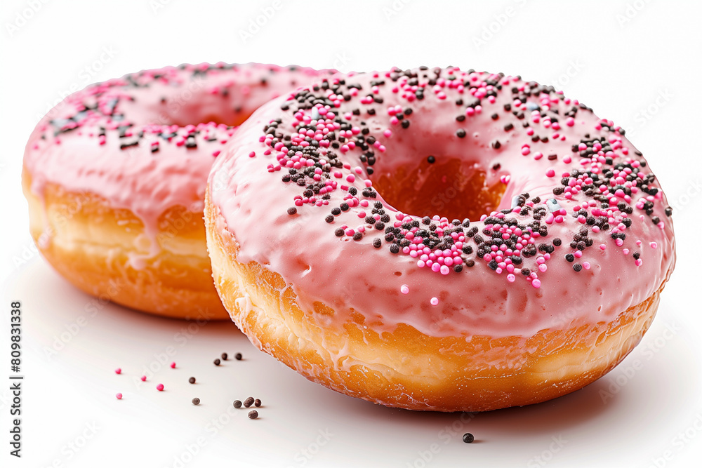 Delicious pink donut with glaze and sprinkles isolated on white
