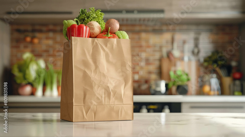 Healthy meal ingredients in a paper bag on the kitchen table, representing sustainable living. AI generative technology refines food photography. photo