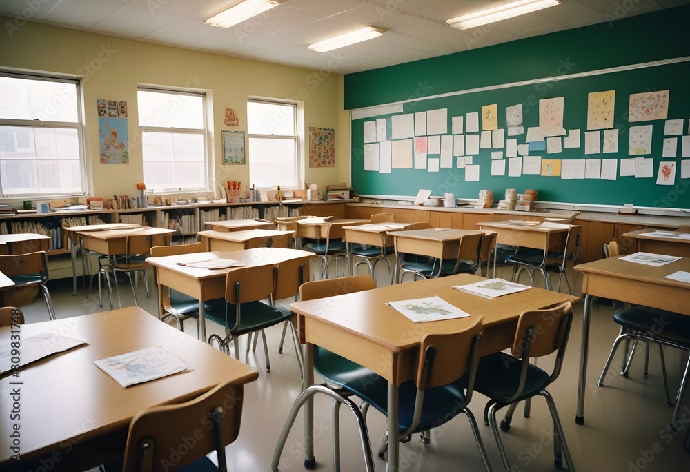 A school classroom with colorful chairs and tables for children A school classroom with colorful chairs and tables for children