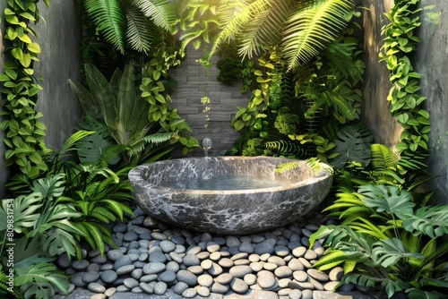 zen oasis natural stone bathtub surrounded by polished pebbles and lush ferns concept illustration