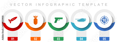 War icon set, miscellaneous vector icons such as missle, bomb, gun, tank and target, modern design infographic template, web buttons in 5 color options
