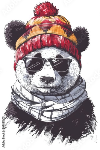 A cozy winter-themed illustration featuring a panda sporting a knitted hat and scarf © dashtik