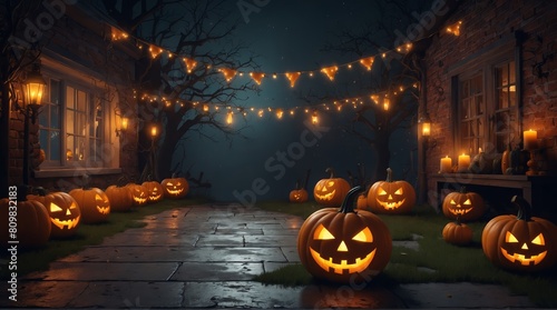 Spooky halloween background picture with jack-o-lanterns bads and a scary environment by night. Halloween background picture for invitations, party voucher or website banner. Generative AI