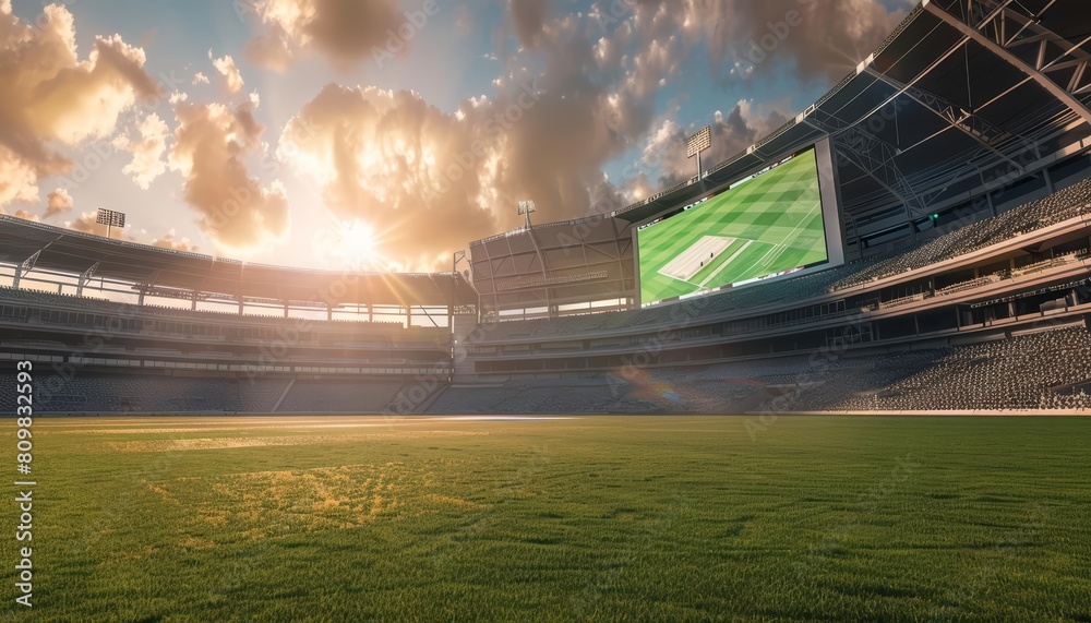 A deserted cricket ground featuring a hightech jumbotron displaying virtual replays, set in a dystopian future, with copy space A deserted cricket ground featuring a hightech jumbotron displaying virtual replays, set in a dystopian future, with copy space