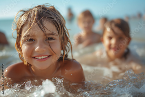 Wet blond small girl with other children playing in the sea. Happy childhood. Selective focus. Sunny day. Summer vibes concept 