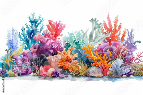 A fantastic watercolor of a vibrant coral reef, celebrating the diversity of marine life, isolated minimal with white background