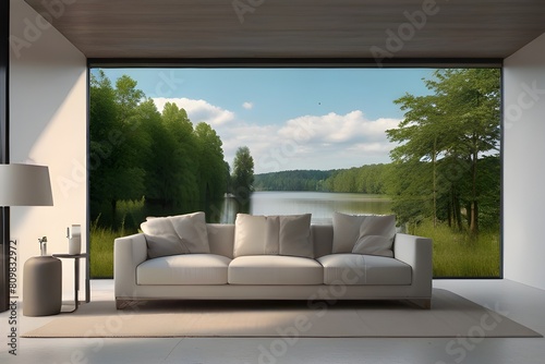 Minimalist living room in white color with sofa and summer landscape in window. Scandinavian interior design. 3D illustration Generative AI 