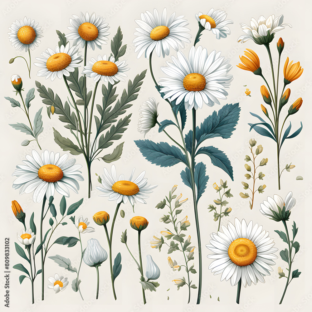set of daisies, plants, leaves and flowers. illustrations of beautiful realistic flowers for background, pattern or wedding invitations
