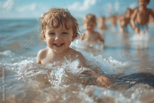 Smiling blonde child playing in the water with other children. Selective focus. Summer vibes concept 