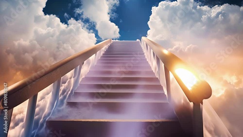 Majestic stairway ascending to a heavenly sky, flanked by clouds. Ethereal steps leading upwards. Concept of ascension, spirituality, heaven, hope, journey, divine path. Motion photo