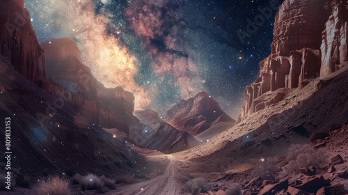 A majestic desert canyon under a starry sky, rendered in a surrealistic style with a designated area on the right for poetic verses photo