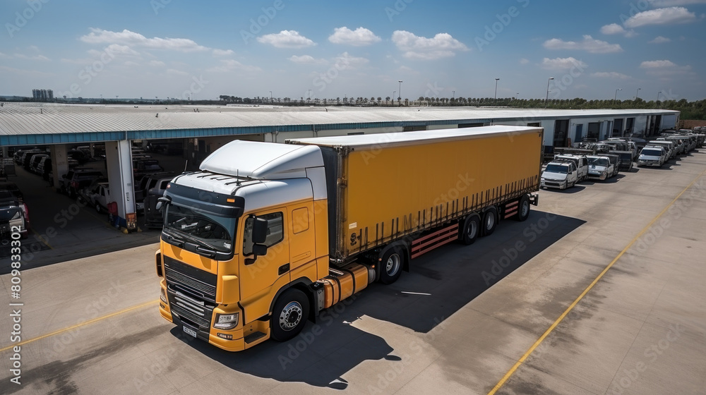 Aerial View of a Yellow Semi Truck in a Busy Logistics Hub