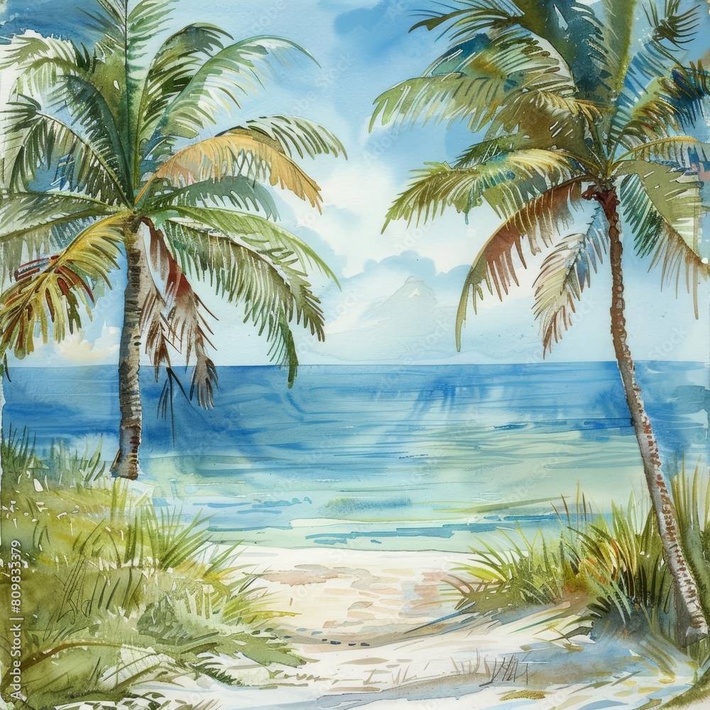 A serene beach scene with palm trees is captured in watercolor, offering a blank area at the top for adding inspirational quotes