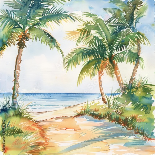 A serene beach scene with palm trees is captured in watercolor  offering a blank area at the top for adding inspirational quotes