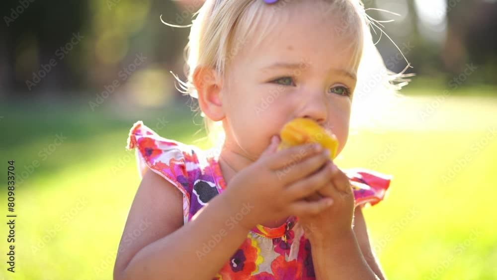 Little girl nibbles a peach and grimaces while standing on a green lawn. High quality 4k footage Little girl nibbles a peach and grimaces while standing on a green lawn. High quality 4k footage
