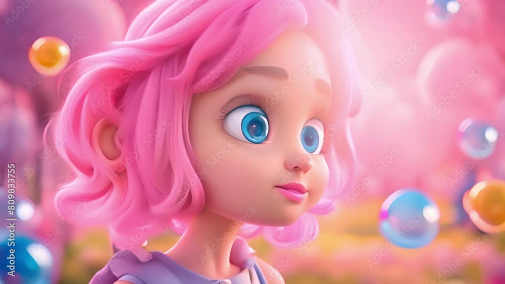 Dreamy portrait of a young girl with vibrant pink hair in a fantastical bubble-filled landscape. Happy Child in dreamland. Concept of imagination, childhood wonder, and magic. Motion Dreamy portrait of a young girl with vibrant pink hair in a fantastical bubble-filled landscape. Happy Child in dreamland. Concept of imagination, childhood wonder, and magic. Motion