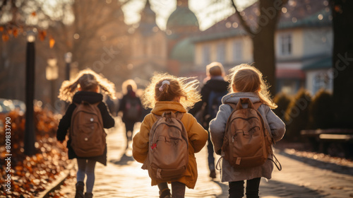 Group of Elementary School Kids with Backpacks Walking on a Sunny Autumn Day