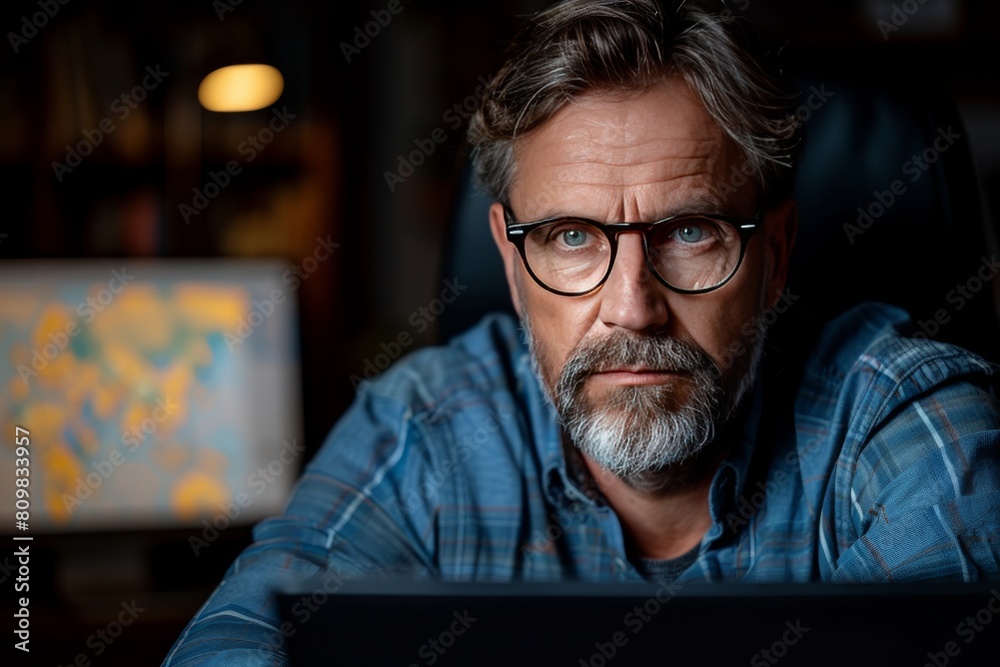 Man With Glasses Looking at Computer Screen Man With Glasses Looking at Computer Screen