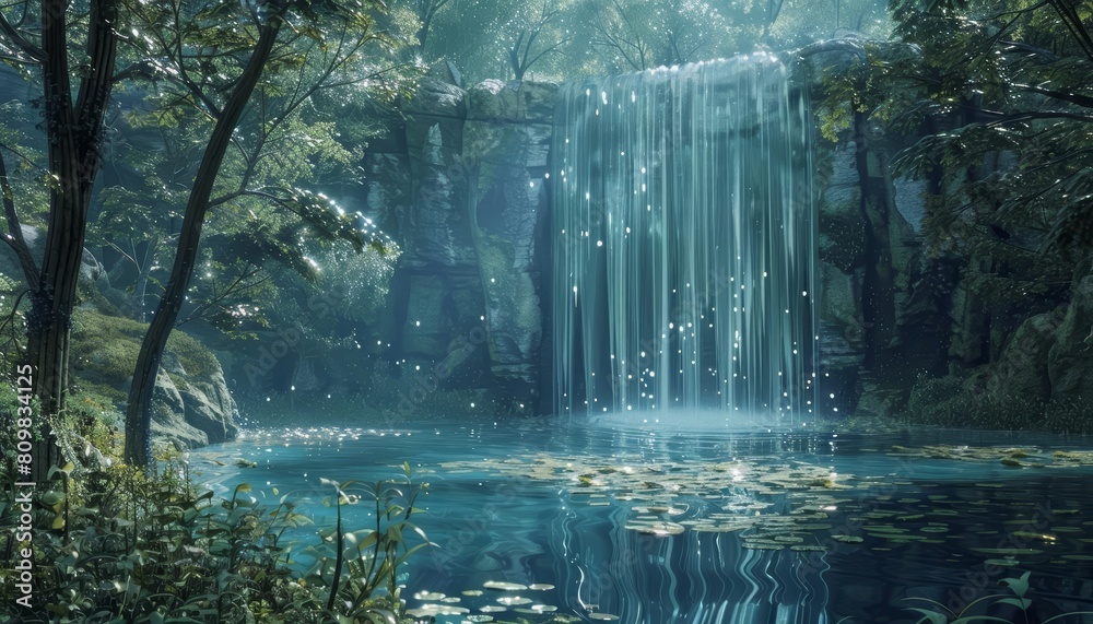 Amid the haunting emptiness of an ancient forest, a holographic waterfall cascades silently into a digital lake